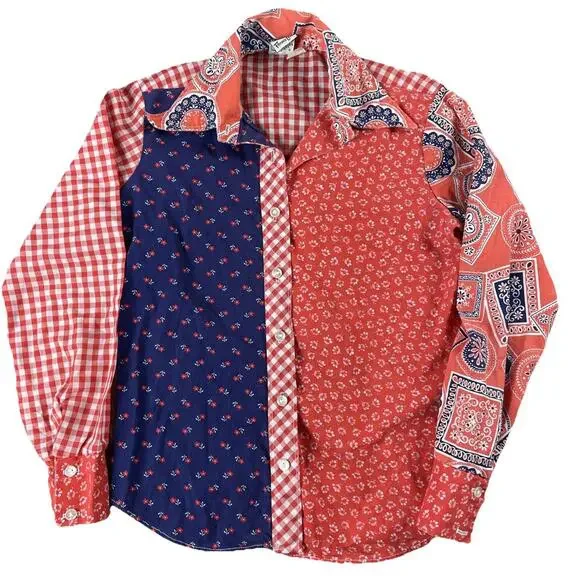 Vintage 70s Daisy Patchwork Point Collar Pocket Blouse Small See Measurements - Picture 2 of 10